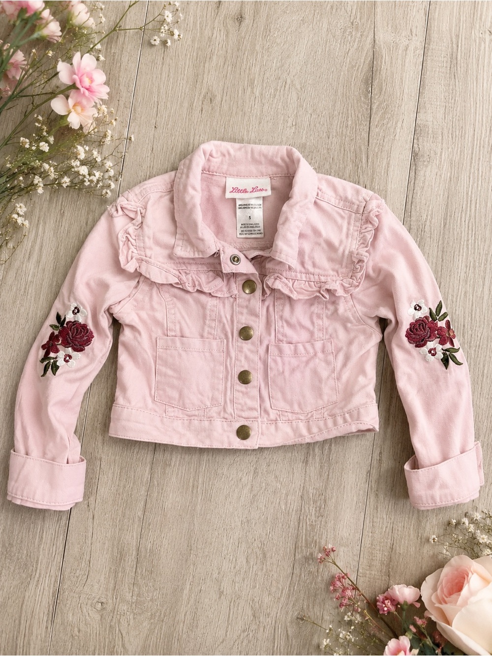 Little Lass Light Pink Ruffle Denim Jacket with Rose Embroidery
